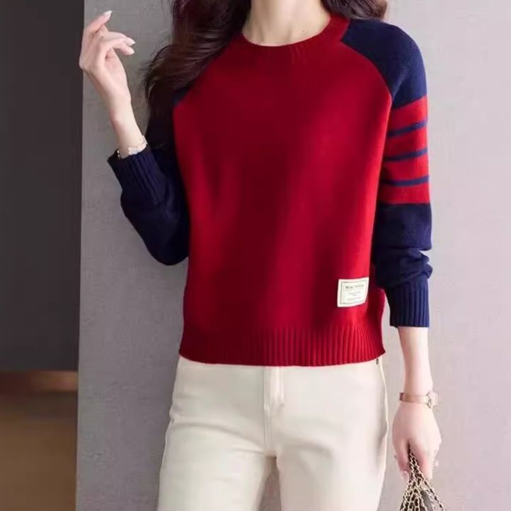 ブルベ夏/ブルべ冬服　配色切り替えボーダー柄長袖ニットプルオーバー