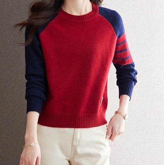 ブルベ夏/ブルべ冬服　配色切り替えボーダー柄長袖ニットプルオーバー