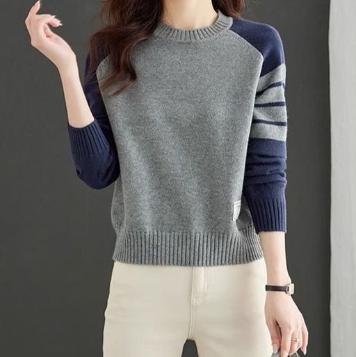 ブルベ夏/ブルべ冬服　配色切り替えボーダー柄長袖ニットプルオーバー