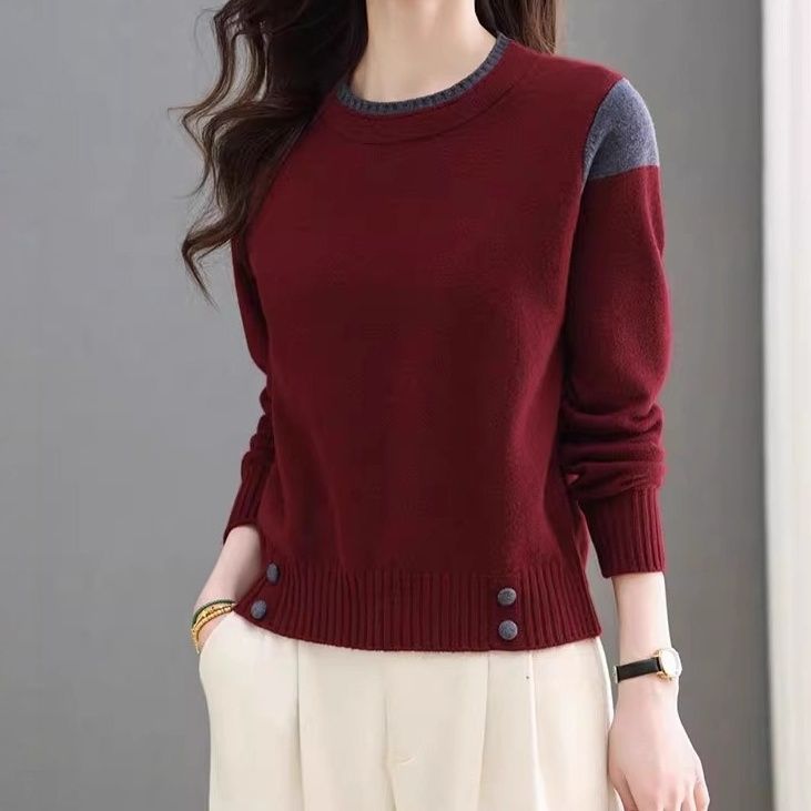 ブルベ夏/ブルベ冬服　配色切り替えボタン装飾プルオーバーニット