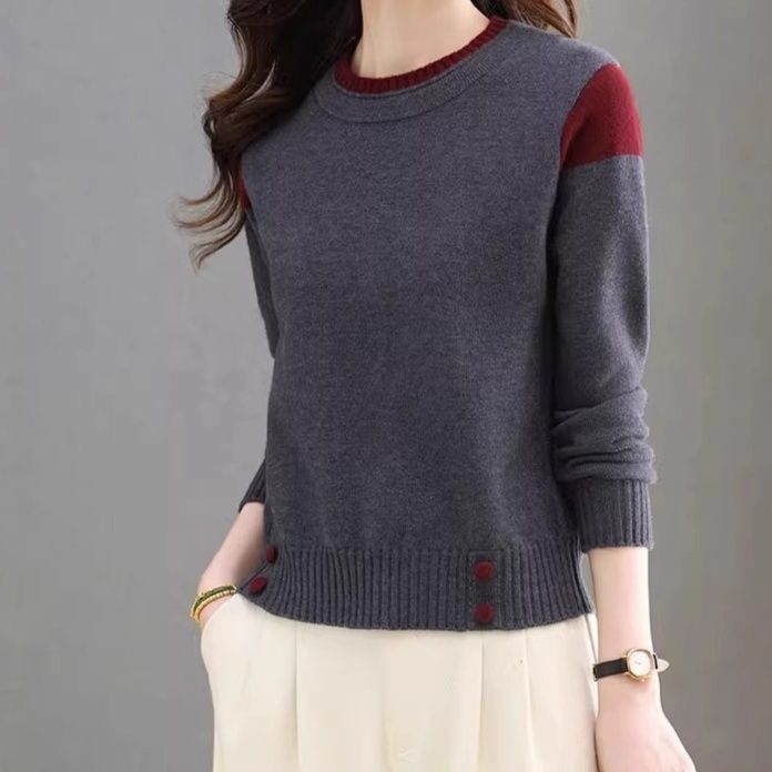 ブルベ夏/ブルベ冬服　配色切り替えボタン装飾プルオーバーニット