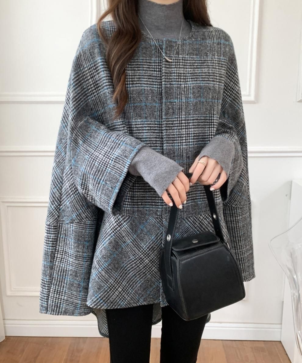 ブルベ夏/ブルベ冬服　千鳥格子柄ノーカラーオーバーサイズコート