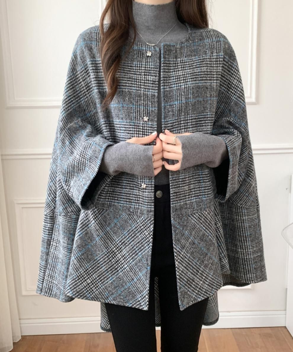 ブルベ夏/ブルベ冬服　千鳥格子柄ノーカラーオーバーサイズコート