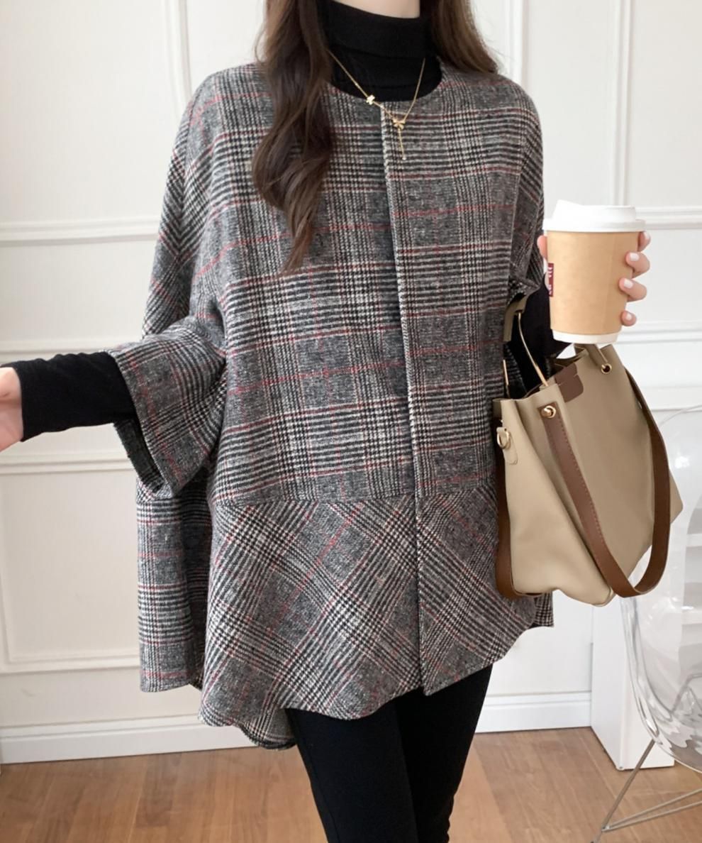 ブルベ夏/ブルベ冬服　千鳥格子柄ノーカラーオーバーサイズコート