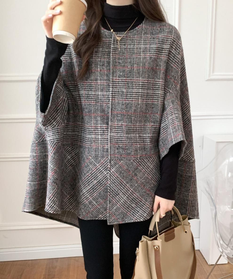 ブルベ夏/ブルベ冬服　千鳥格子柄ノーカラーオーバーサイズコート