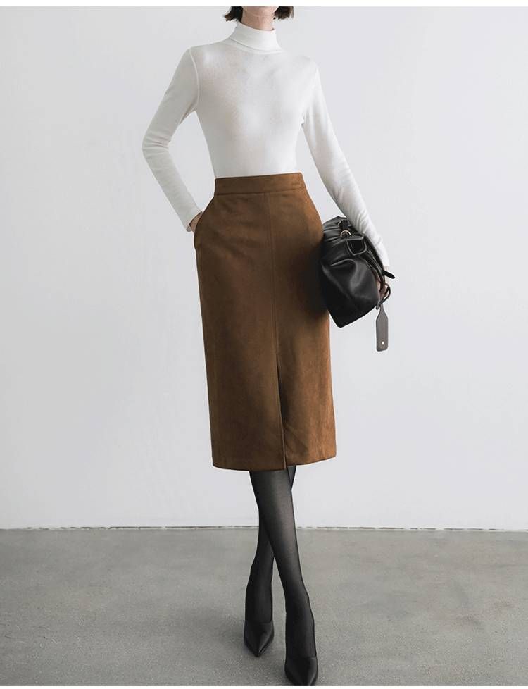 ブルベ冬服　上品スリット入りミディ丈タイトスカート