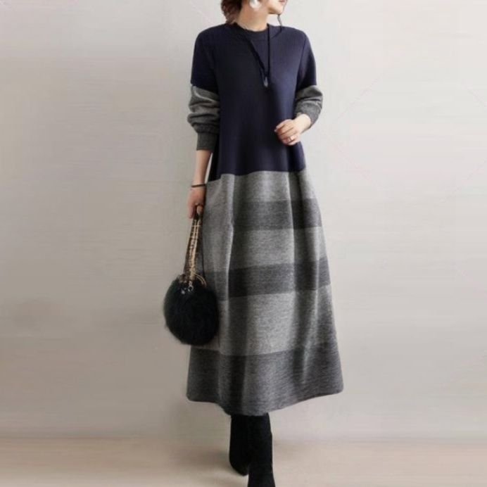 ブルベ夏/ブルベ冬服　上品なバイカラーニット切り替え長袖マキシワンピース