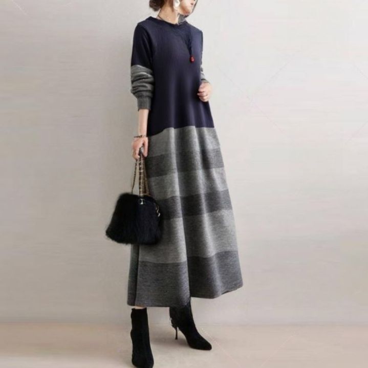 ブルベ夏/ブルベ冬服　上品なバイカラーニット切り替え長袖マキシワンピース