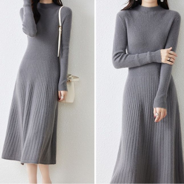 ブルベ夏/ブルベ冬服　縦リブ編みモックネック長袖ニットワンピース