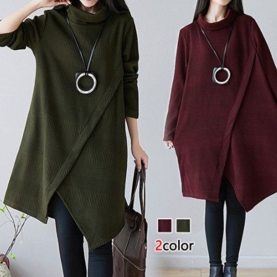 ブルベ夏/ブルベ冬服　アシンメトリー裾デザインタートルネックニットワンピース