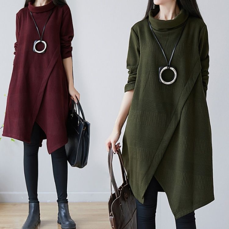 ブルベ夏/ブルベ冬服　アシンメトリー裾デザインタートルネックニットワンピース