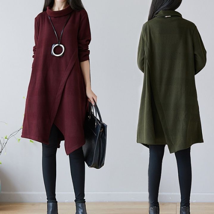 ブルベ夏/ブルベ冬服　アシンメトリー裾デザインタートルネックニットワンピース