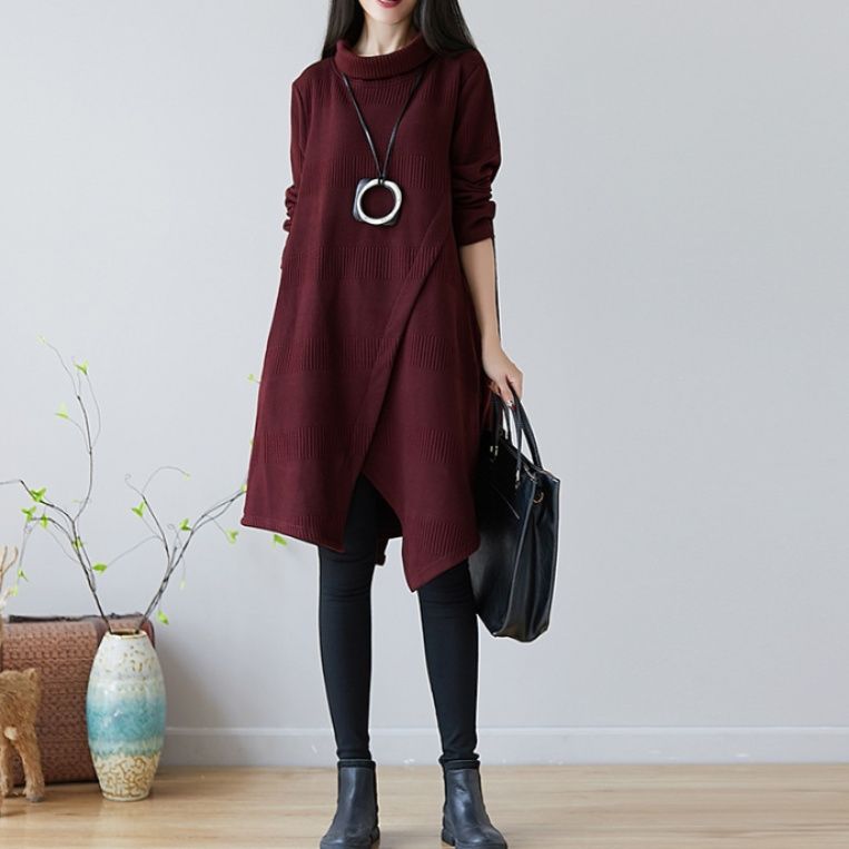 ブルベ夏/ブルベ冬服　アシンメトリー裾デザインタートルネックニットワンピース