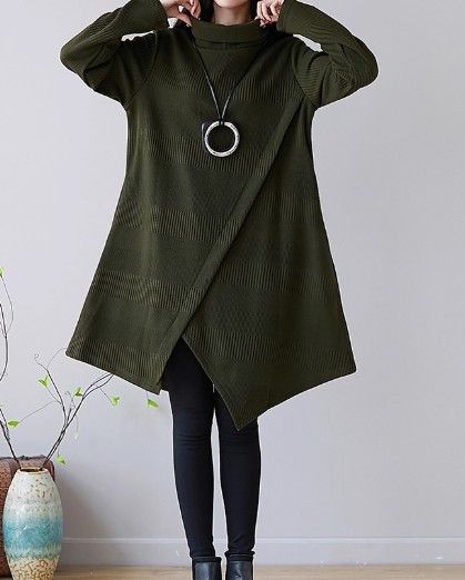 ブルベ夏/ブルベ冬服　アシンメトリー裾デザインタートルネックニットワンピース