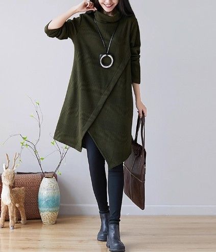 ブルベ夏/ブルベ冬服　アシンメトリー裾デザインタートルネックニットワンピース