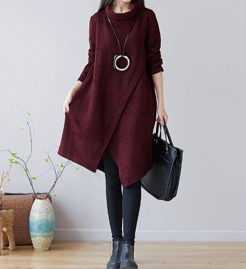 ブルベ夏/ブルベ冬服　アシンメトリー裾デザインタートルネックニットワンピース