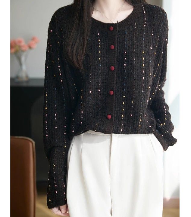 ブルベ夏/ブルベ冬服　上品な小花柄混合糸丸首ボタン留めカーディガン