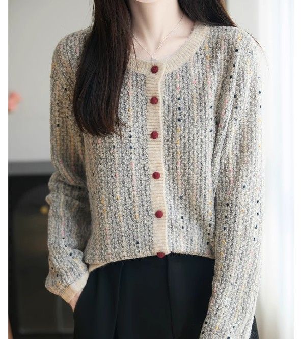 ブルベ夏/ブルベ冬服　上品な小花柄混合糸丸首ボタン留めカーディガン
