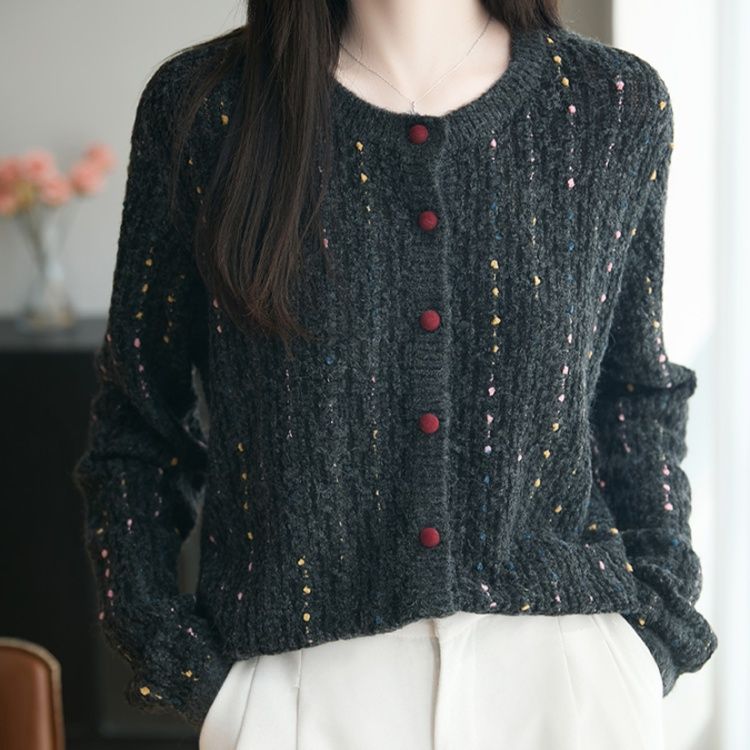 ブルベ夏/ブルベ冬服　上品な小花柄混合糸丸首ボタン留めカーディガン