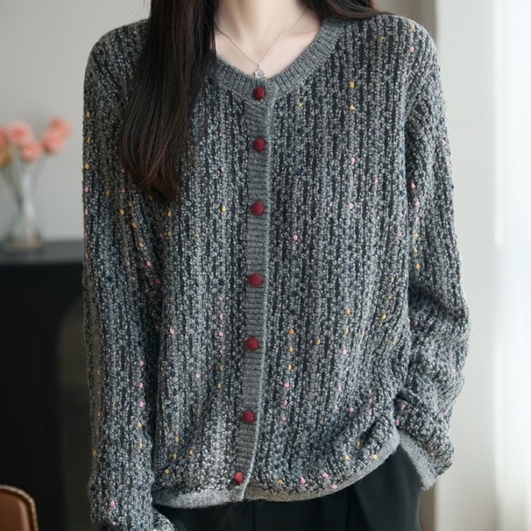 ブルベ夏/ブルベ冬服　上品な小花柄混合糸丸首ボタン留めカーディガン