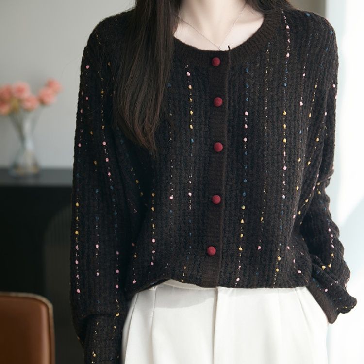 ブルベ夏/ブルベ冬服　上品な小花柄混合糸丸首ボタン留めカーディガン