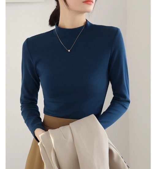 ブルベ夏/ブルベ冬服 上品モックネック長袖基本トップス