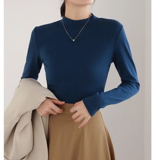 ブルベ夏/ブルベ冬服　上品モックネック長袖基本トップス