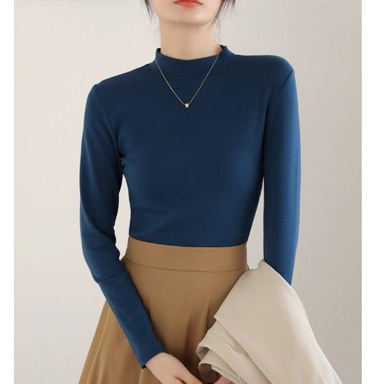 ブルベ夏/ブルベ冬服　上品モックネック長袖基本トップス