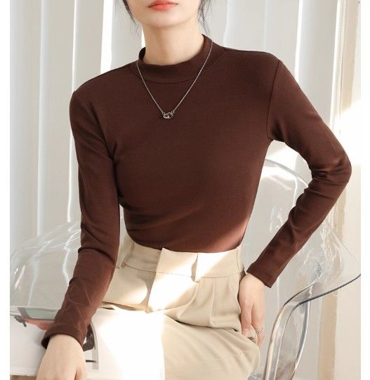 ブルベ夏/ブルベ冬服　上品モックネック長袖基本トップス