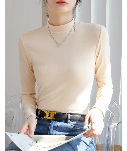 ブルベ夏/ブルベ冬服　上品モックネック長袖基本トップス