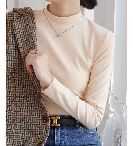 ブルベ夏/ブルベ冬服　上品モックネック長袖基本トップス