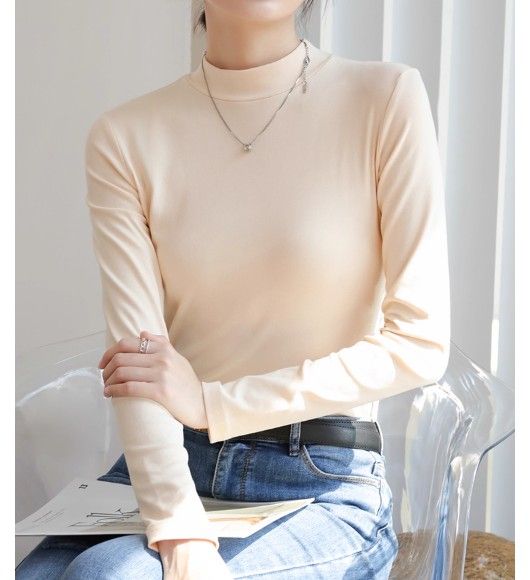 ブルベ夏/ブルベ冬服　上品モックネック長袖基本トップス