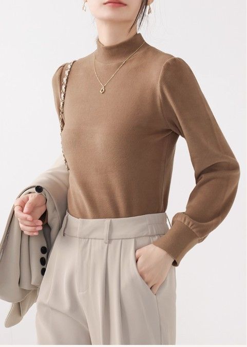 ブルベ夏/ブルベ冬服　発熱保温機能付きモックネック長袖ニットトップス