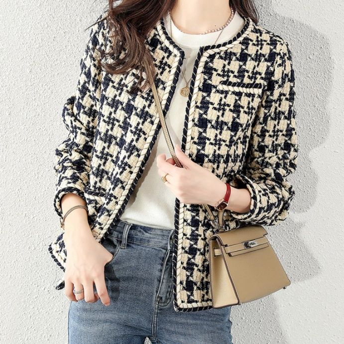 ブルベ夏/ブルベ冬服 千鳥格子ツイード調ノーカラージャケット