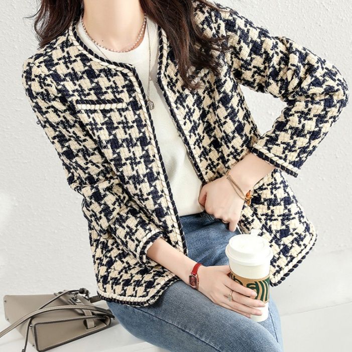 ブルベ夏/ブルベ冬服　千鳥格子ツイード調ノーカラージャケット