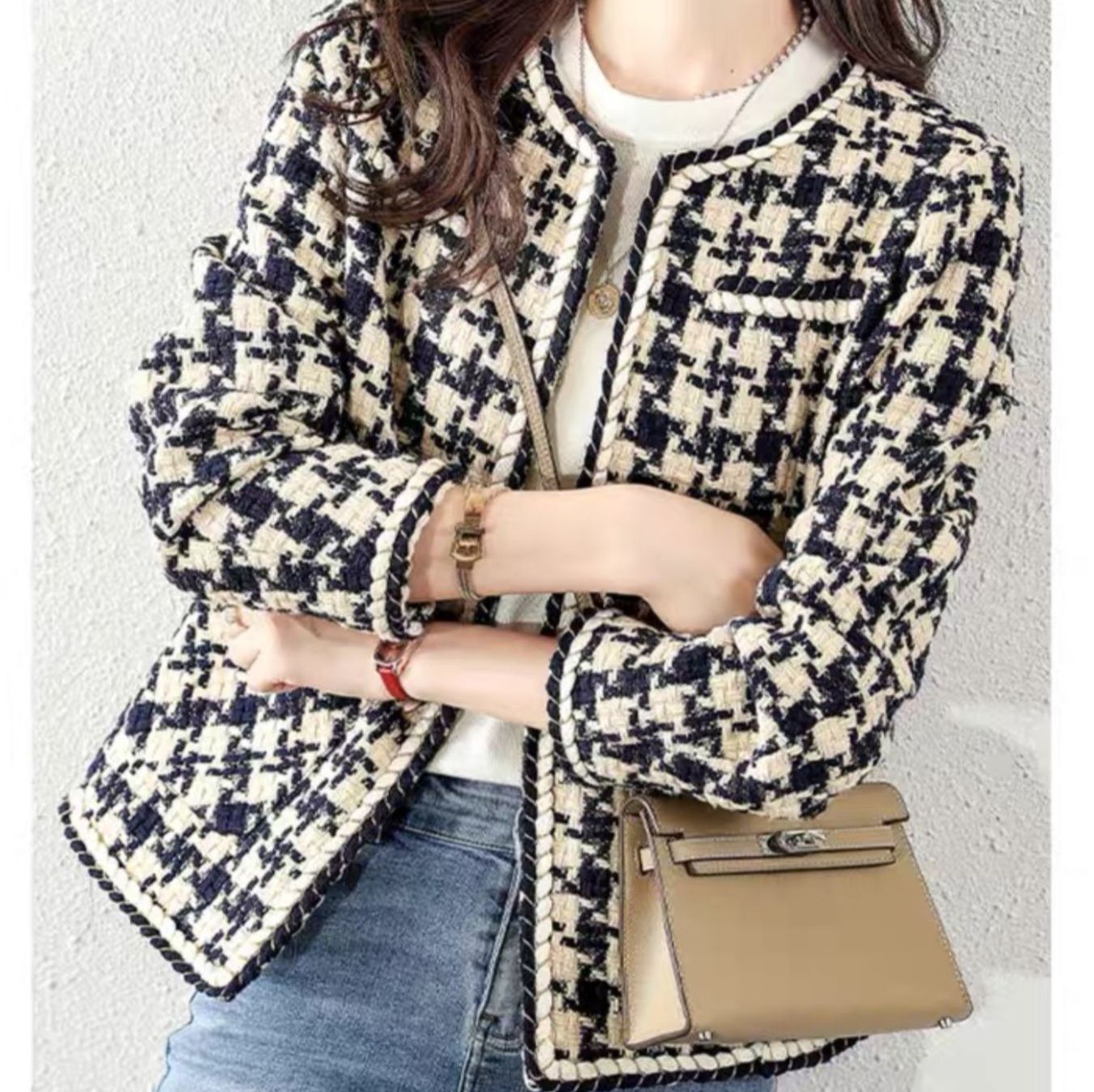 ブルベ夏/ブルベ冬服　千鳥格子ツイード調ノーカラージャケット