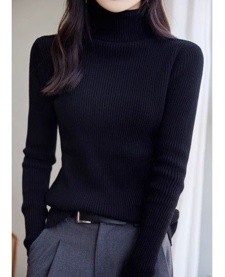 ブルベ夏/冬服　上品タートルネック縦リブニットトップス