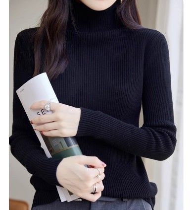 ブルベ夏/冬服　上品タートルネック縦リブニットトップス