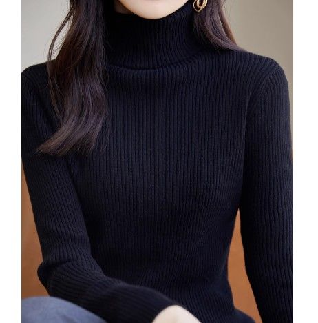 ブルベ夏/冬服　上品タートルネック縦リブニットトップス