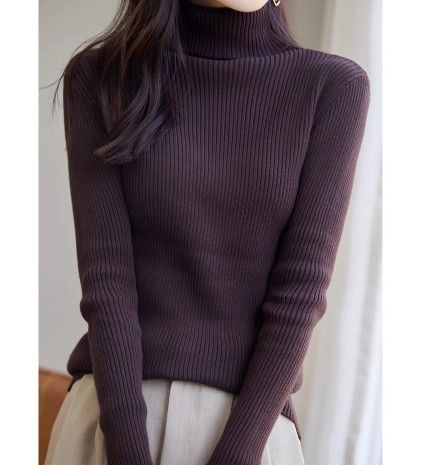 ブルベ夏/冬服　上品タートルネック縦リブニットトップス