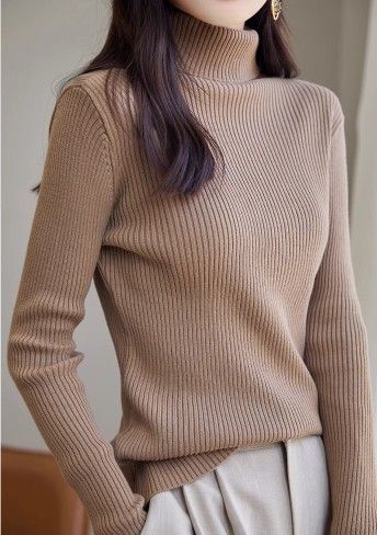 ブルベ夏/冬服　上品タートルネック縦リブニットトップス