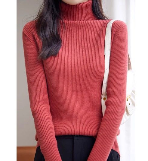 ブルベ夏/冬服　上品タートルネック縦リブニットトップス