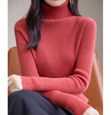 ブルベ夏/冬服　上品タートルネック縦リブニットトップス