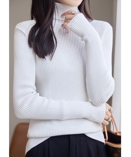 ブルベ夏/冬服　上品タートルネック縦リブニットトップス