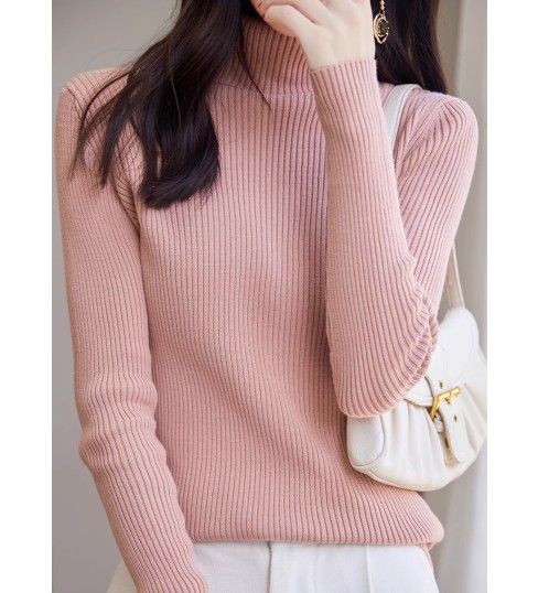 ブルベ夏/冬服　上品タートルネック縦リブニットトップス