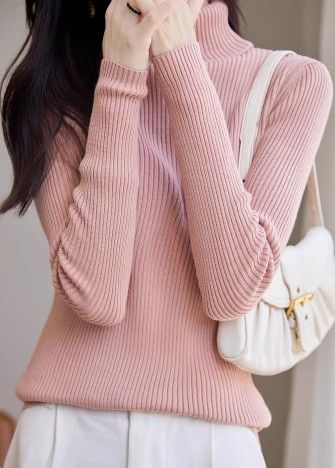 ブルベ夏/冬服　上品タートルネック縦リブニットトップス