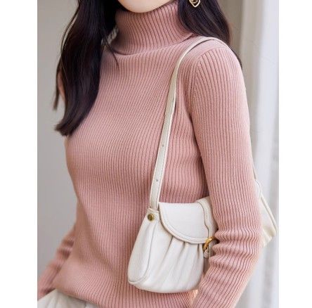 ブルベ夏/冬服　上品タートルネック縦リブニットトップス