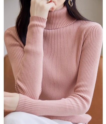 ブルベ夏/冬服　上品タートルネック縦リブニットトップス