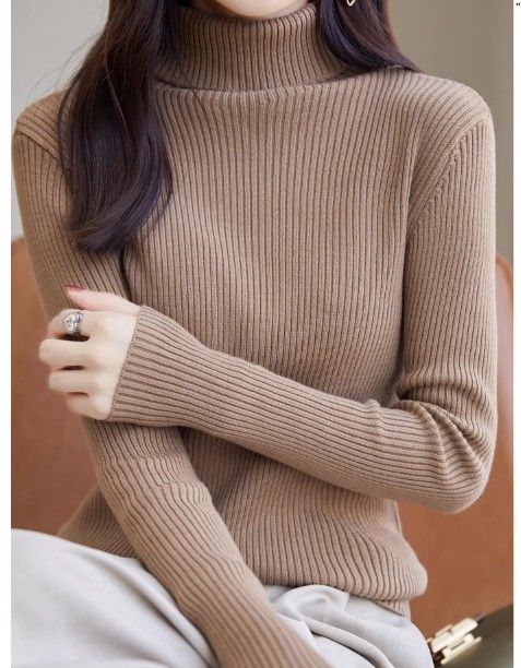 ブルベ夏/冬服　上品タートルネック縦リブニットトップス