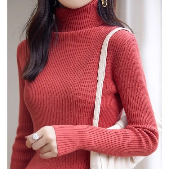 ブルベ夏/冬服　上品タートルネック縦リブニットトップス